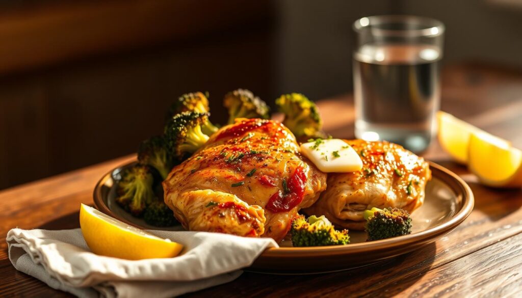 garlic butter chicken thighs with roasted broccoli
