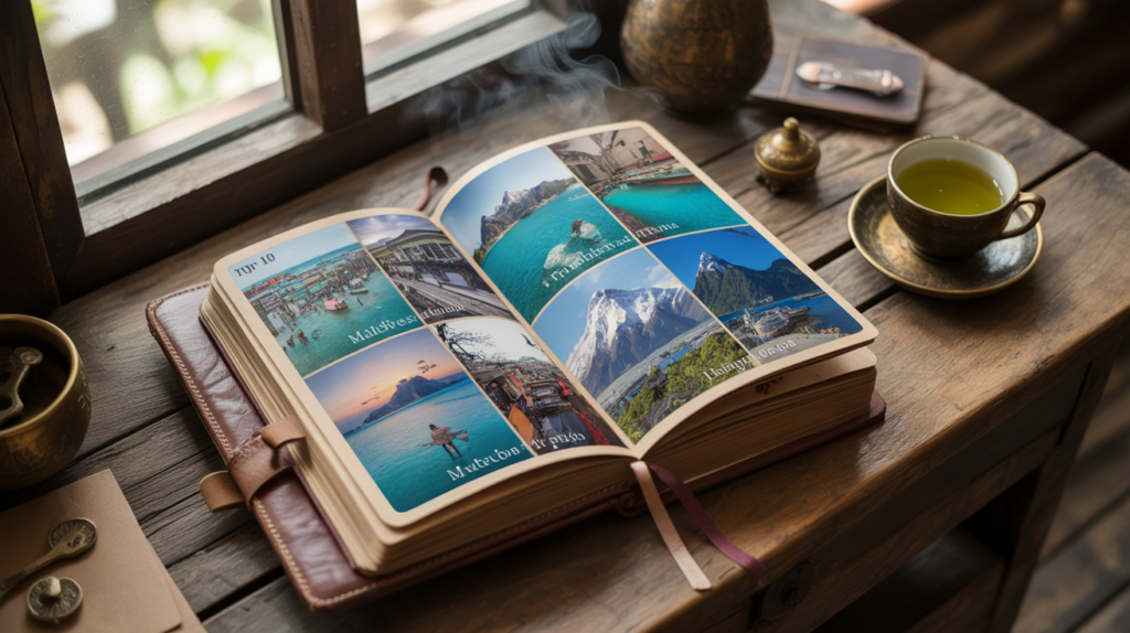 A travel guide on a table and a cup of coffee