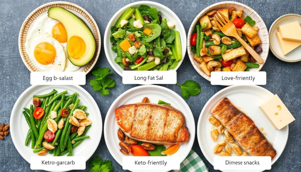 A day of keto meals including breakfast, lunch, dinner and snacks