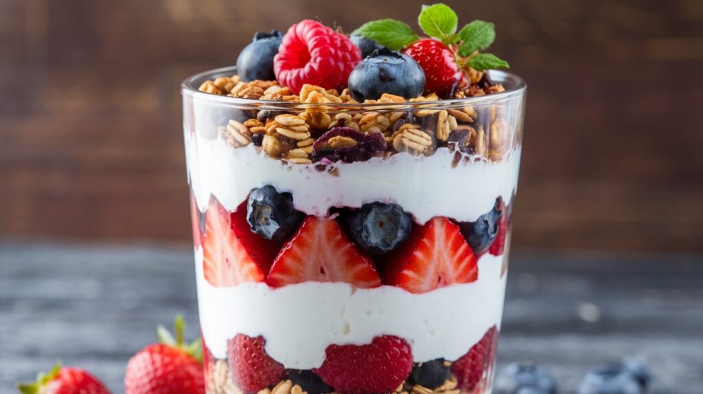 A glass of Greek Yogurt parfait