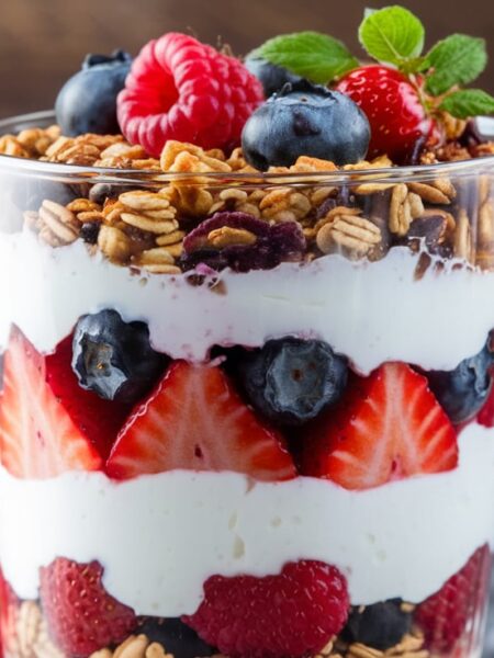A glass of Greek Yogurt parfait