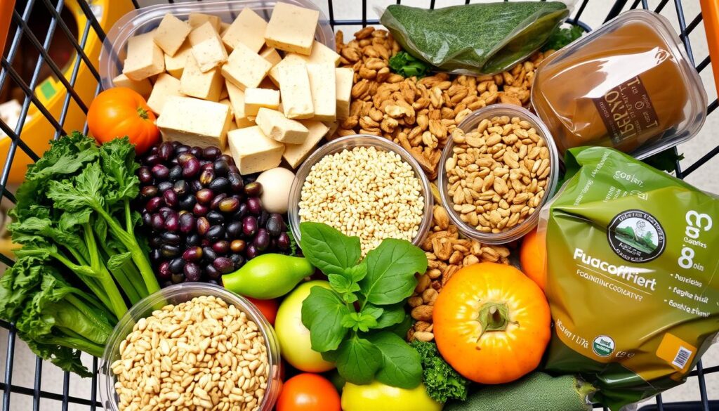 Balanced vegan grocery cart with various food groups