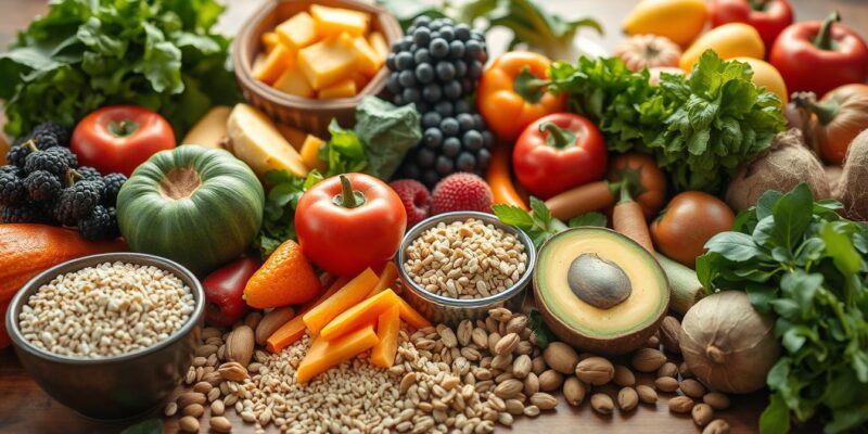 Colorful fruits and vegetables arranged on a table showing nutrition over medication options