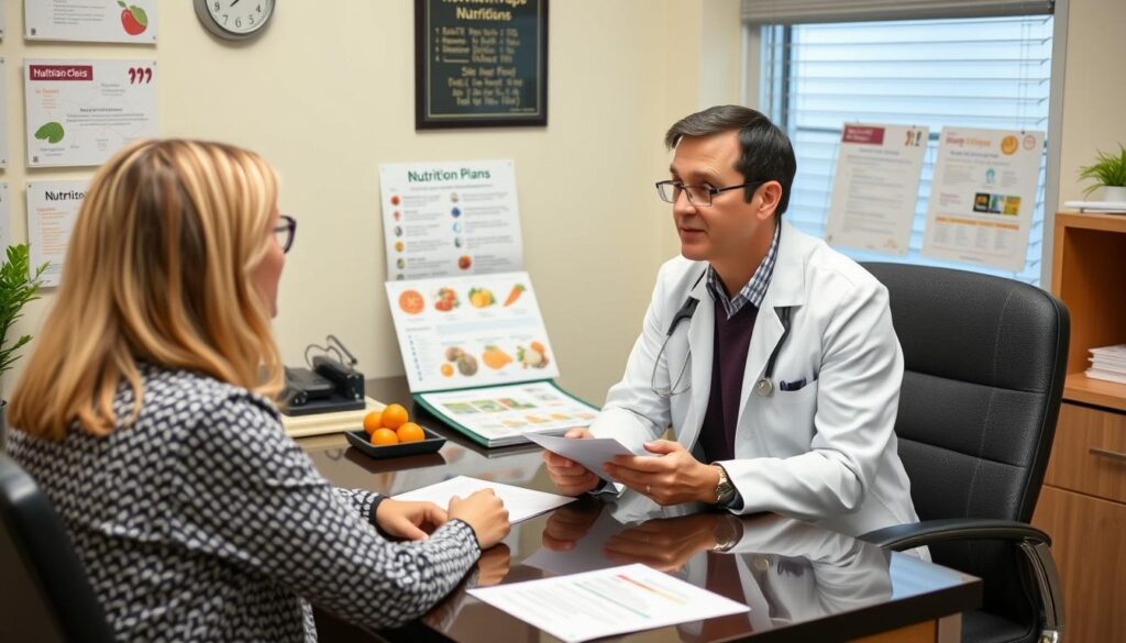 Doctor discussing nutrition over medication options with patient, reviewing dietary plans