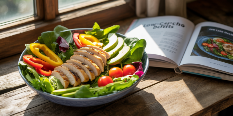 A picture of a salad bowl on a table with an open cookbook