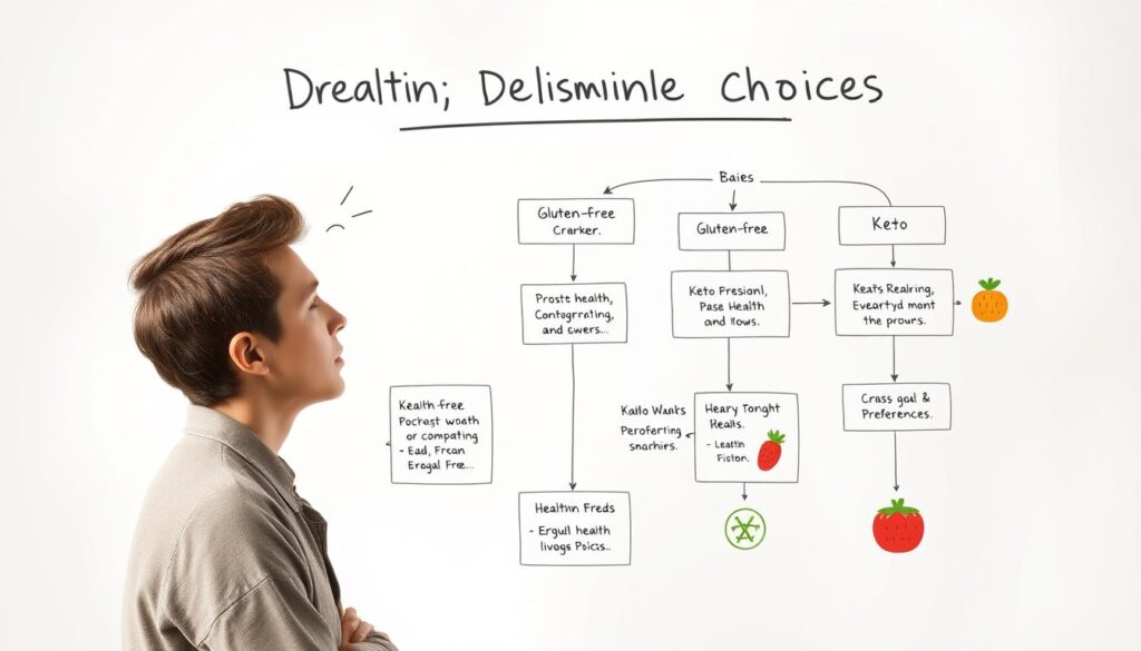 Person considering dietary options with a decision flowchart