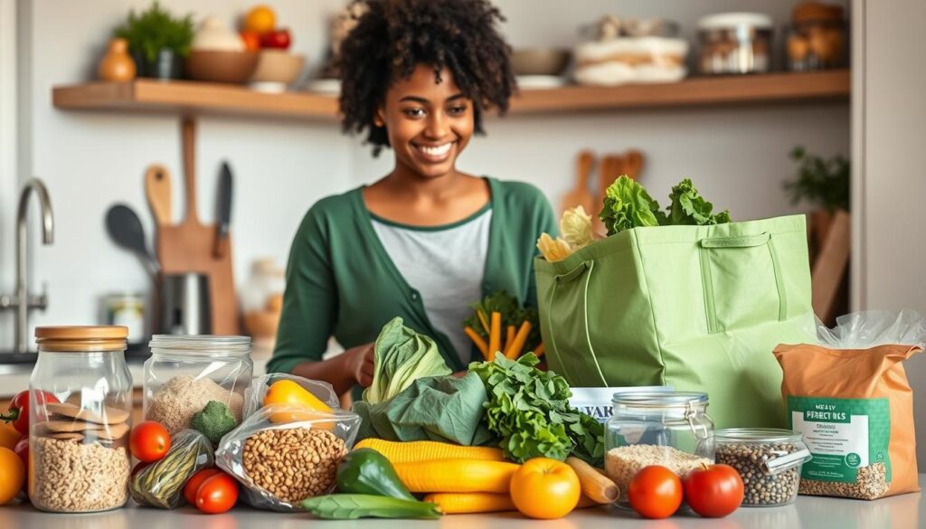 Person happily unpacking smart vegan grocery purchases at home