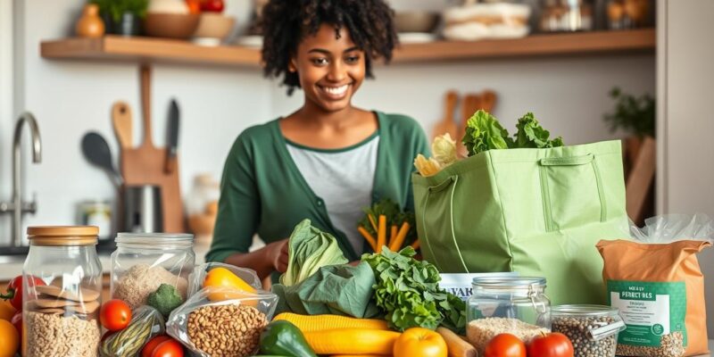 Person happily unpacking smart vegan grocery purchases at home