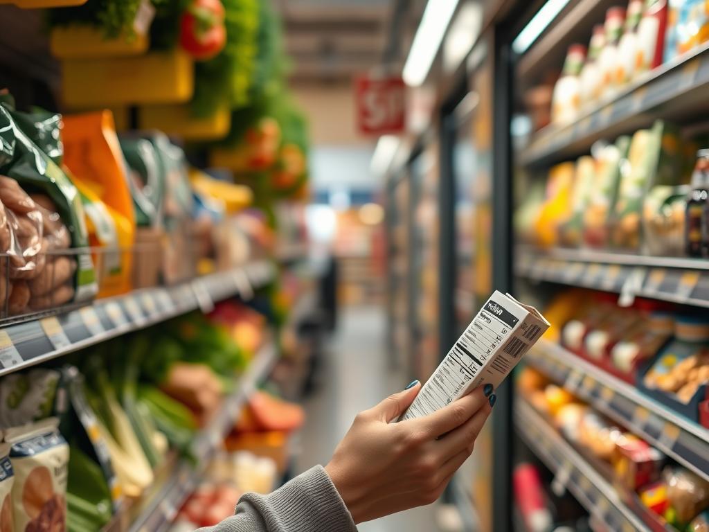 Person navigating grocery store reading food labels, representing challenges in nutrition over medication journey