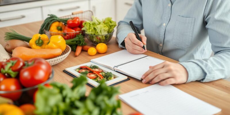 Person planning vegan meals and making a grocery list
