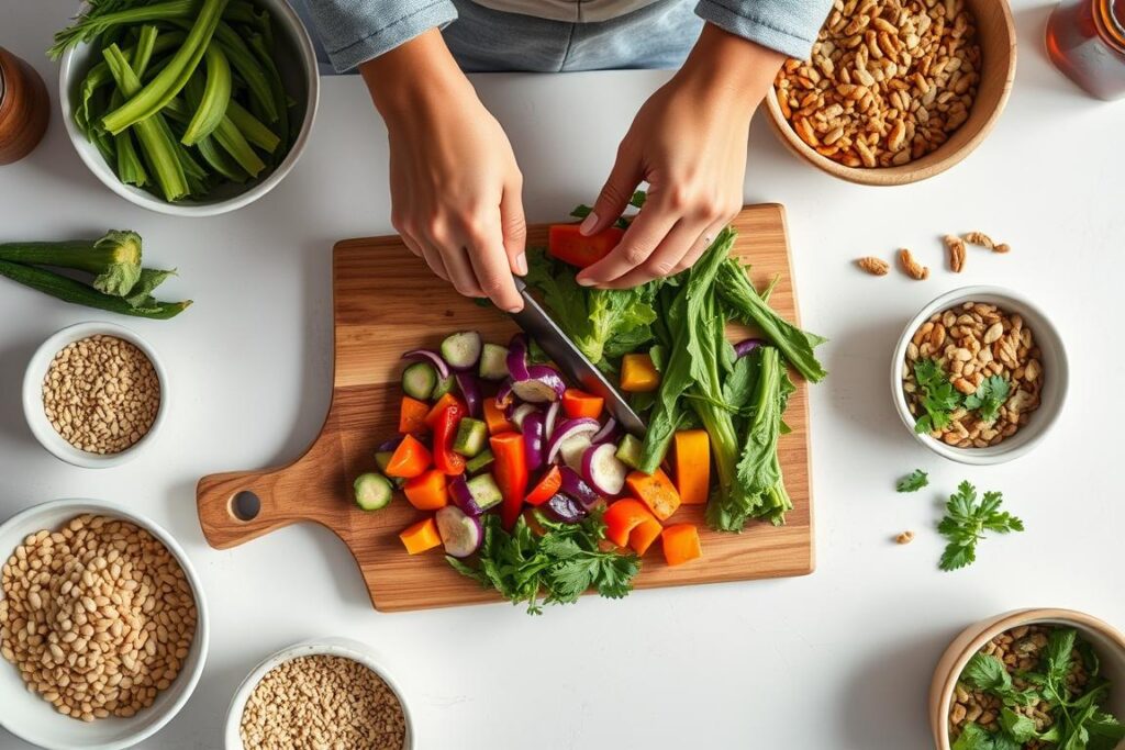 Person preparing a healthy meal with fresh ingredients, showing practical nutrition over medication approach