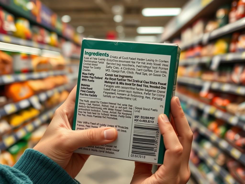 Person reading food label on a vegan product in grocery store