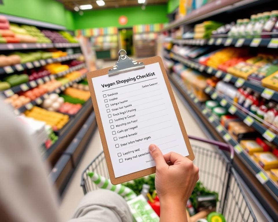 Person using vegan shopping checklist in grocery store