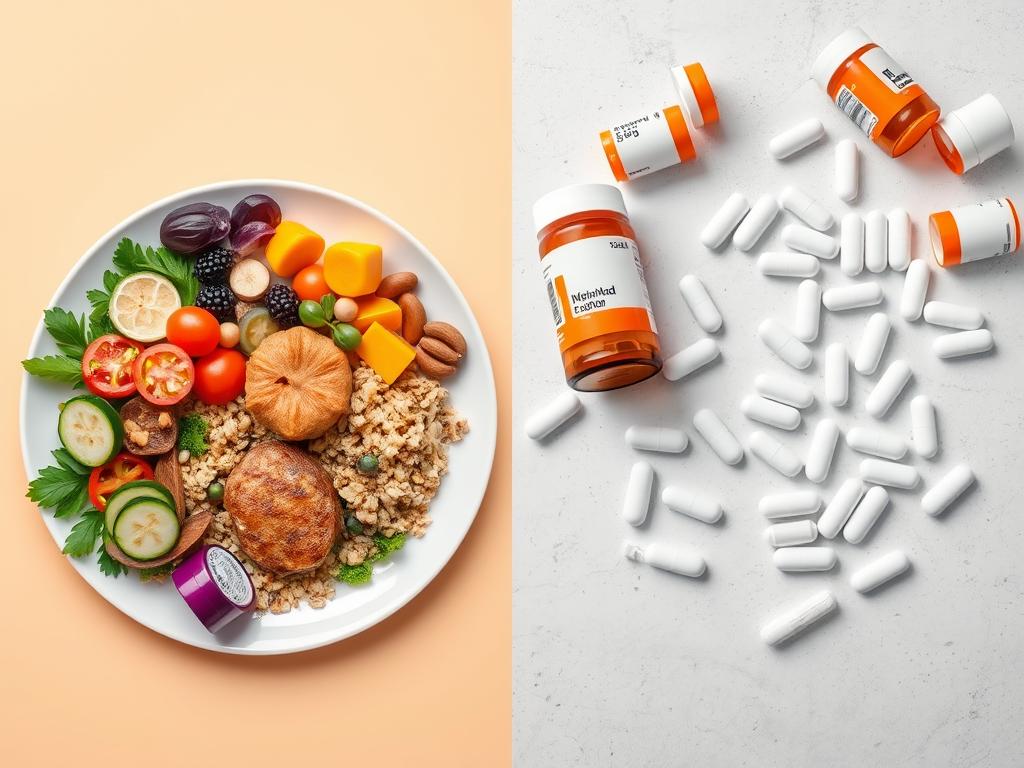 Split image comparing a plate of healthy food with pills and medication bottles, highlighting nutrition over medication choice