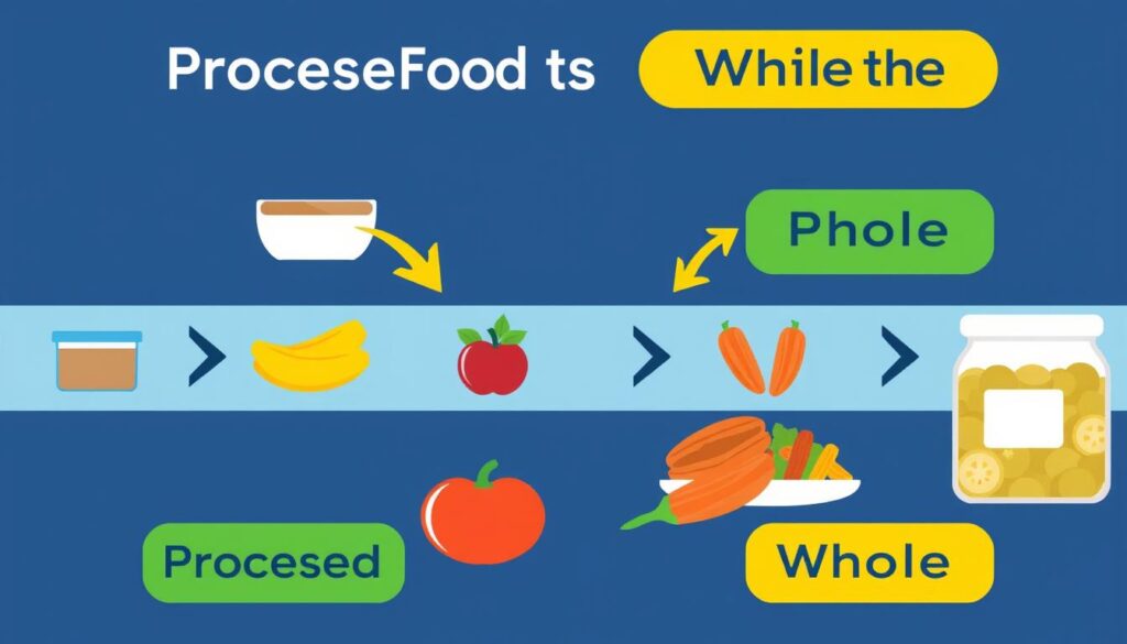 Step-by-step visual guide showing transition from processed foods to whole foods, nutrition over medication approach