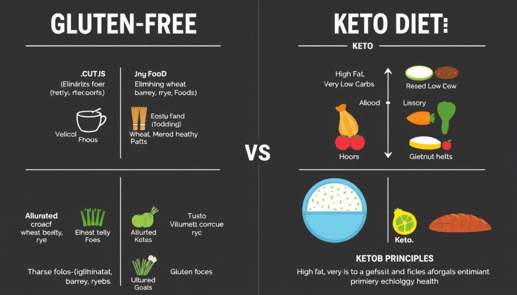 Visual comparison of gluten-free vs keto diet principles and food choices