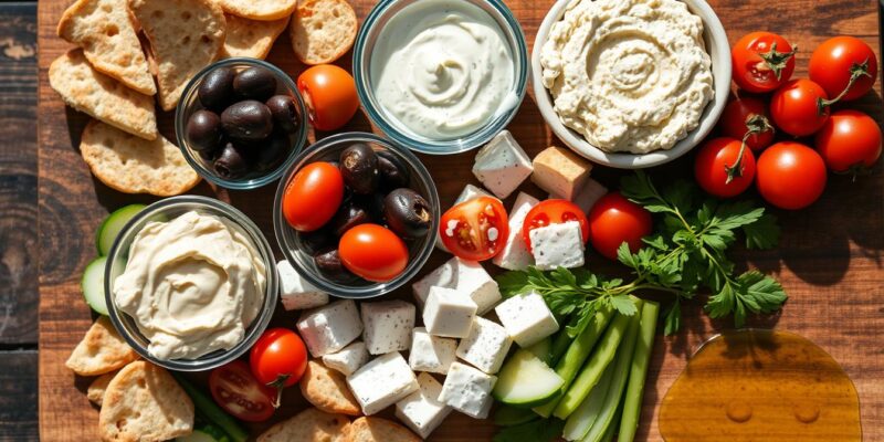 Assorted Mediterranean snacks including olives, hummus, and pita bread arranged on a wooden board