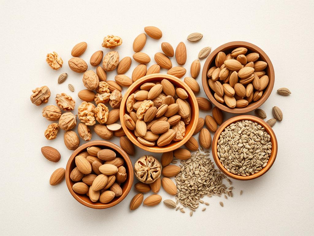 Assortment of nuts and seeds in small bowls