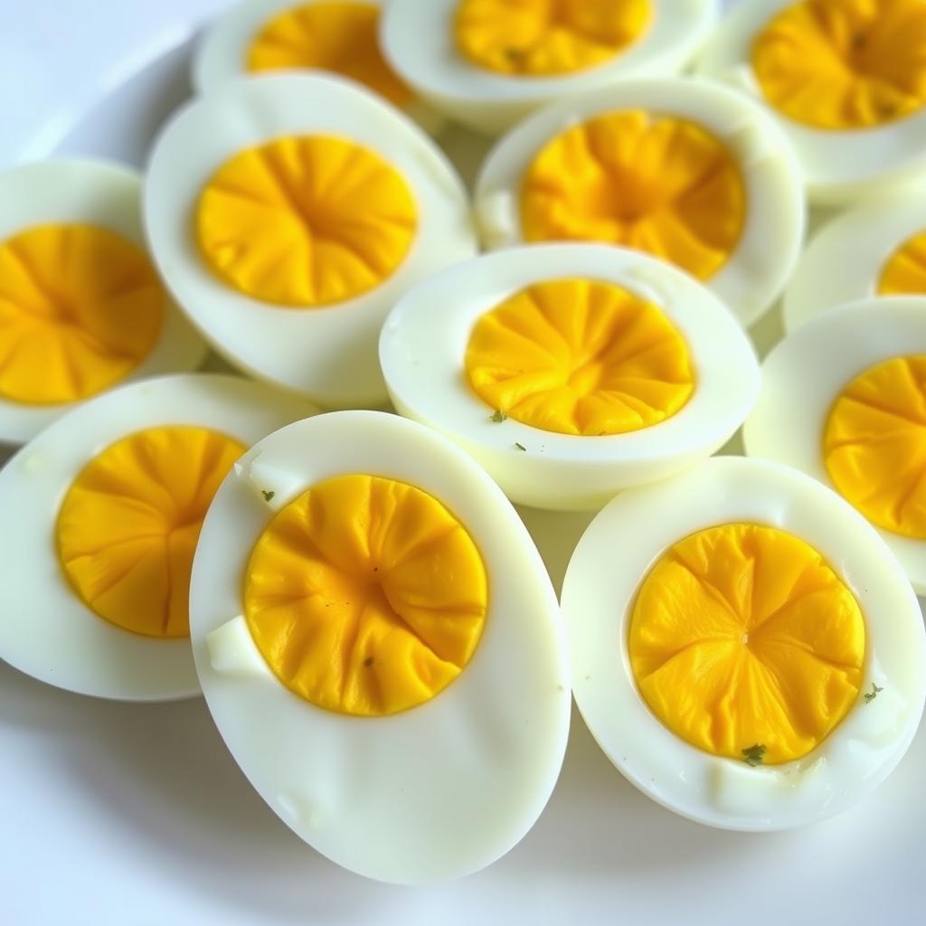 Boiled eggs cut in half showing yolks