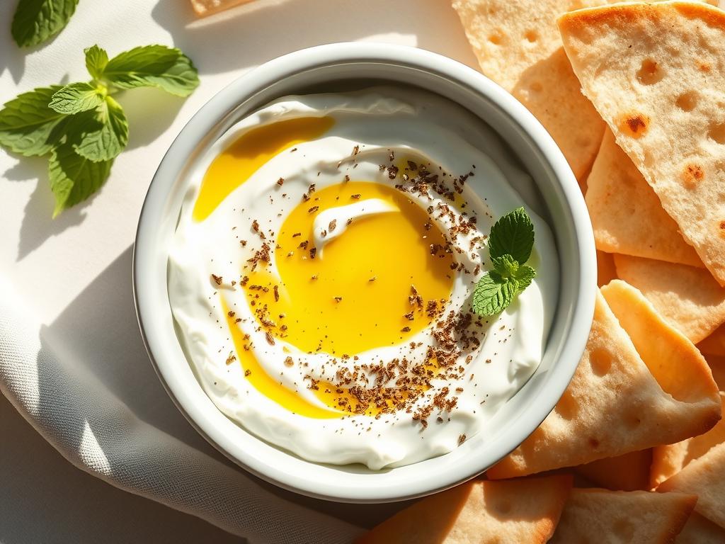 Bowl of creamy labneh topped with za'atar spice blend and olive oil