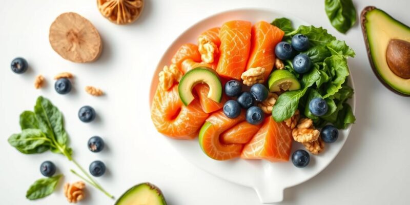 Brain-shaped plate filled with various brain foods including fish, nuts, and vegetables