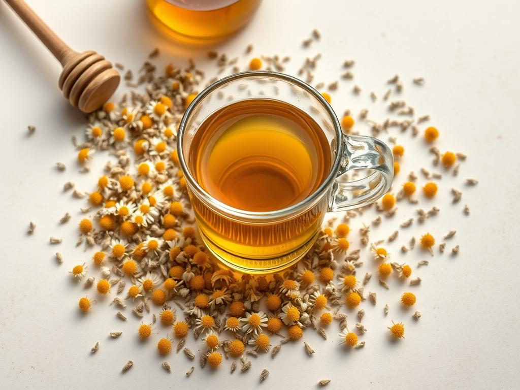 Chamomile flowers and a cup of chamomile tea used in herbal therapies for natural healing