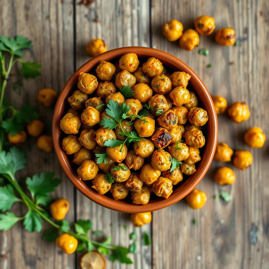 Crispy roasted chickpeas seasoned with Mediterranean herbs in a small bowl