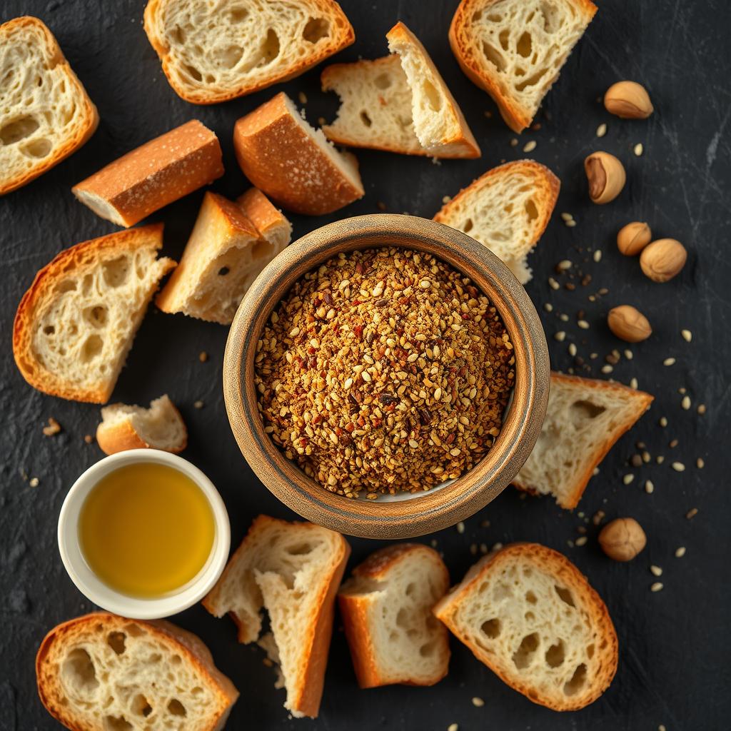 Dukkah spice blend in a small bowl with bread for dipping in olive oil