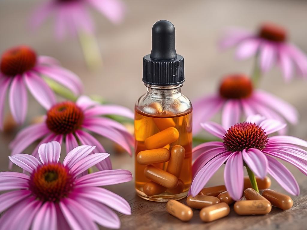Echinacea flowers and herbal extract tincture for immune support and natural healing