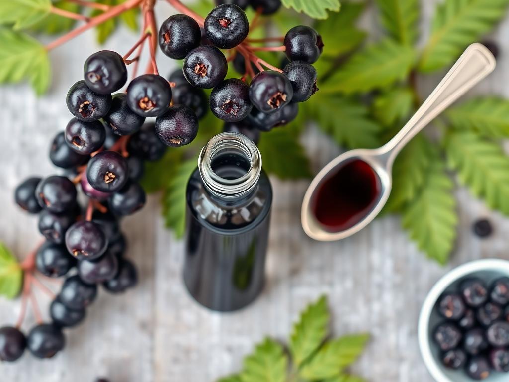 Elderberries and elderberry syrup used in herbal therapies for natural healing and immune support