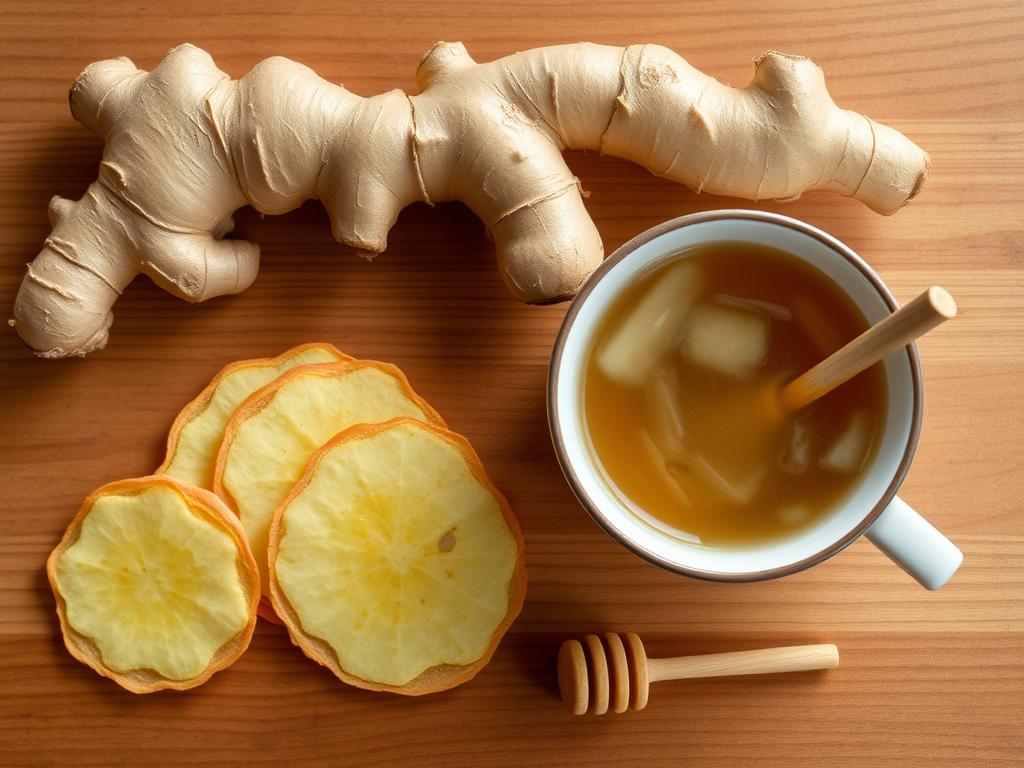 Fresh ginger root with sliced pieces and a cup of ginger tea for natural healing