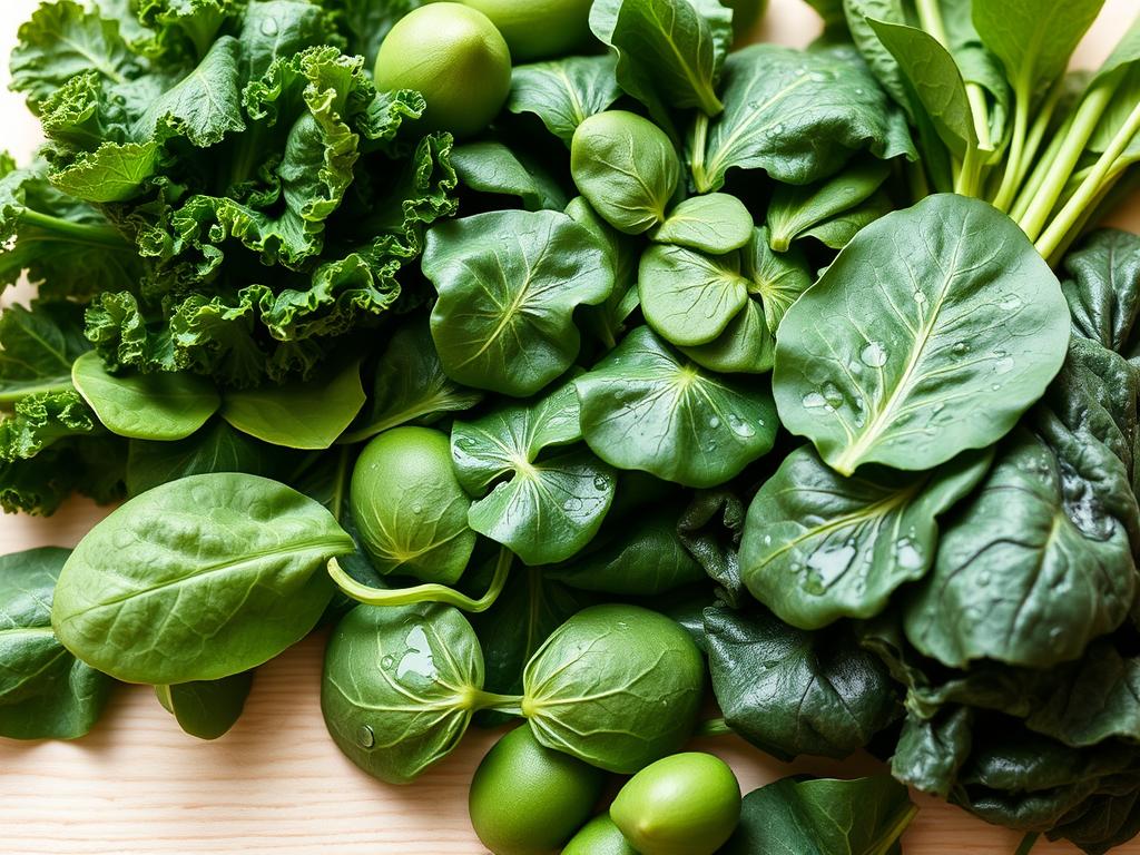 Fresh leafy greens including kale, spinach, and Swiss chard
