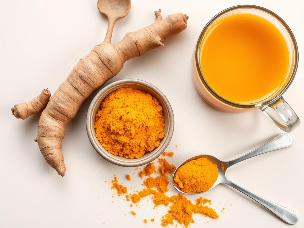 Fresh turmeric root and ground turmeric powder with a small bowl of golden turmeric tea