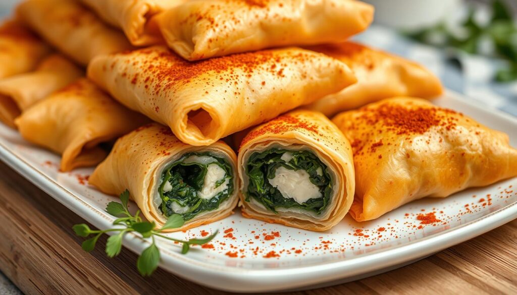 Freshly baked borek pastry rolls filled with spinach and feta cheese