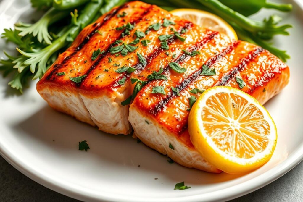 Grilled salmon fillet with herbs and lemon