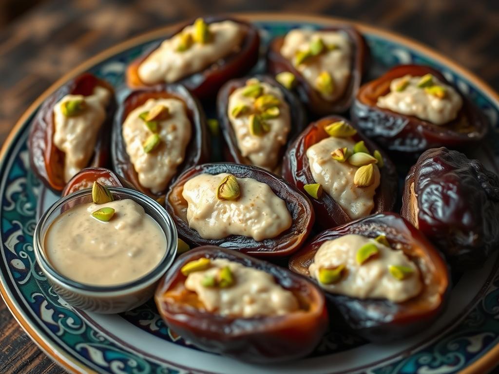 Medjool dates stuffed with tahini and topped with pistachios on a decorative plate
