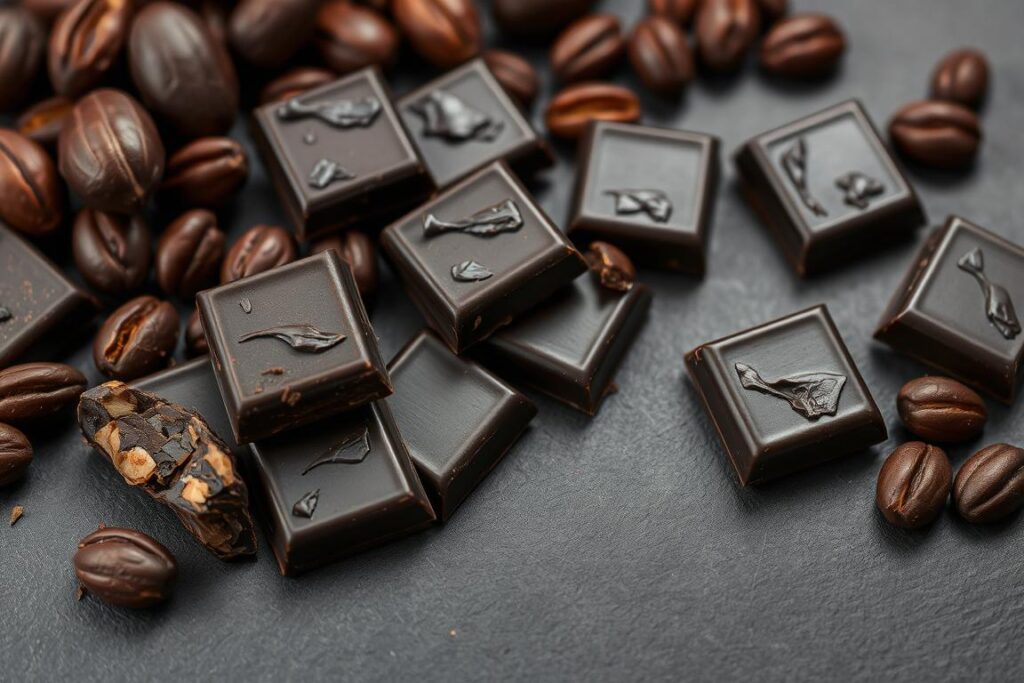 Pieces of dark chocolate with cacao beans