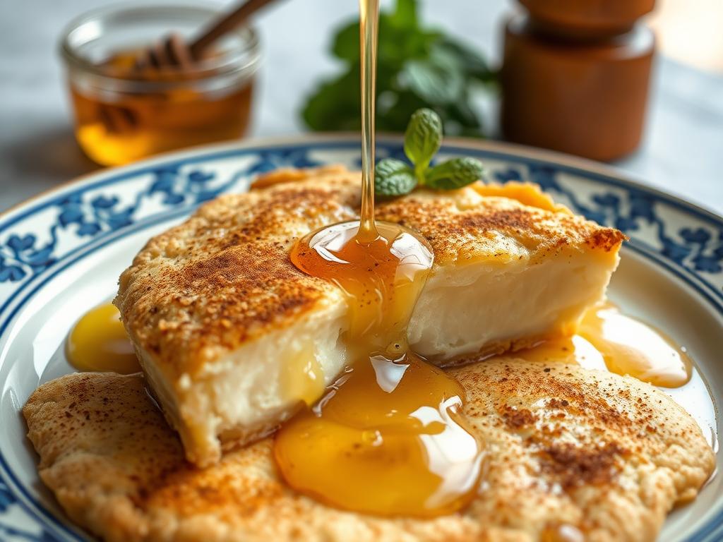 Sfakianopita (Cretan cheese pie) drizzled with honey on a traditional plate
