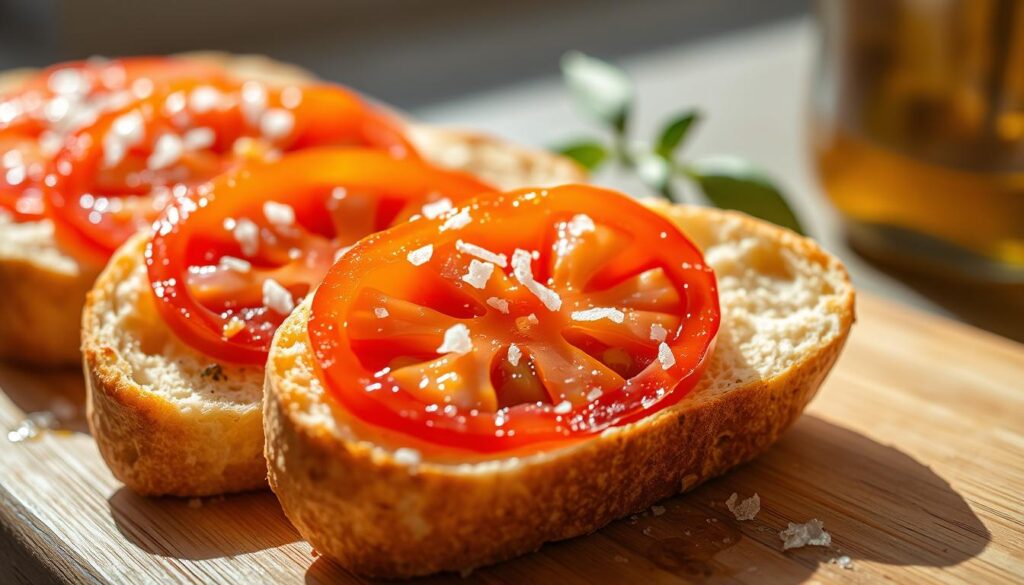 Slices of pan con tomate (tomato bread) on a wooden serving board