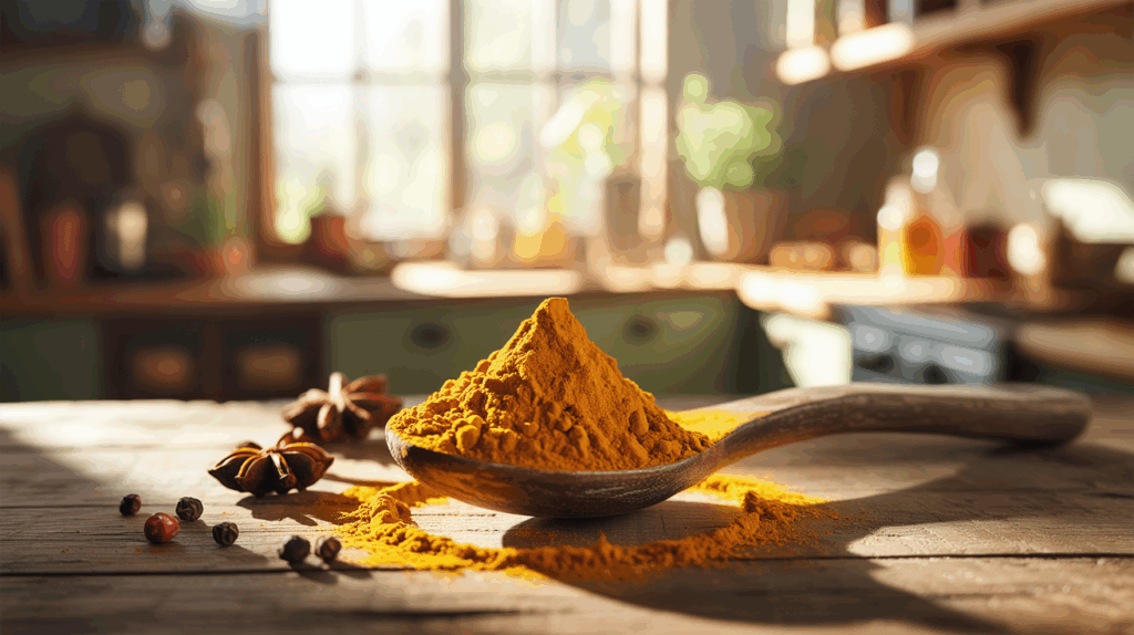 A wooden spoon full of turmeric