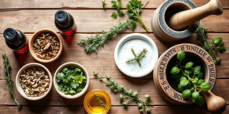 Various herbal therapies for natural healing including dried herbs, tinctures, and fresh plants arranged on a wooden table