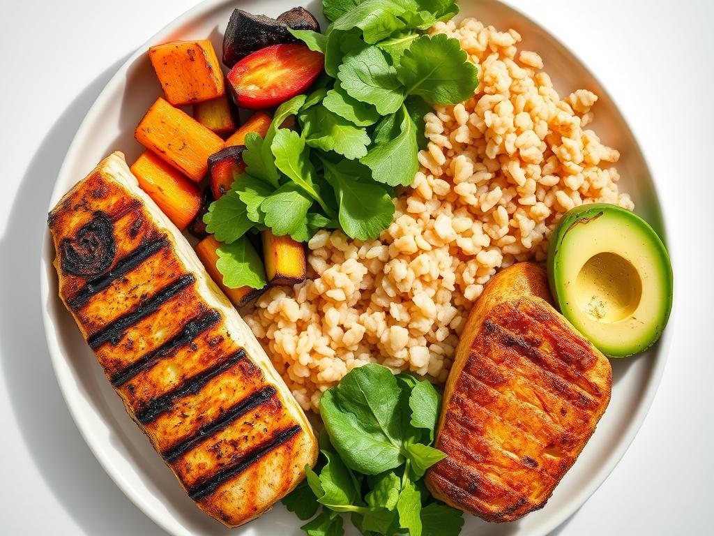 A balanced meal with protein, healthy fats, and antioxidant-rich vegetables for optimal skin health