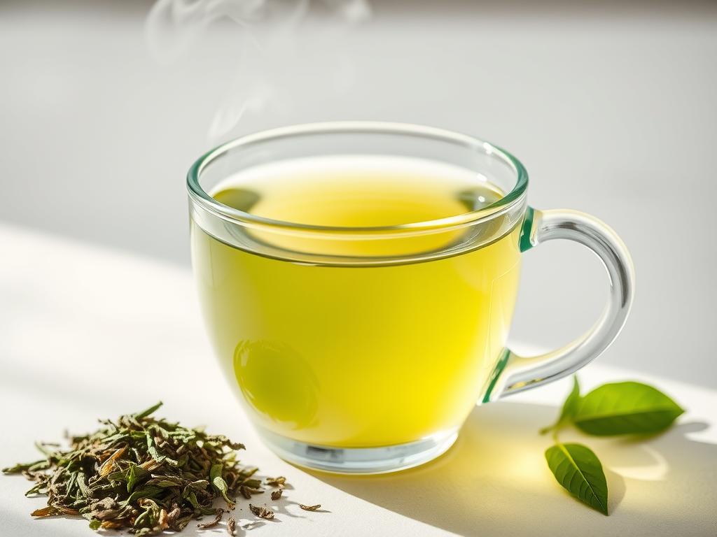 A cup of green tea with loose tea leaves, showing its antioxidant-rich properties for younger-looking skin