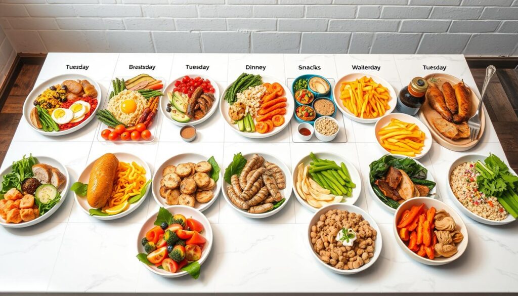 A week of clean eating meals displayed on a table for a 30 days of clean eating plan