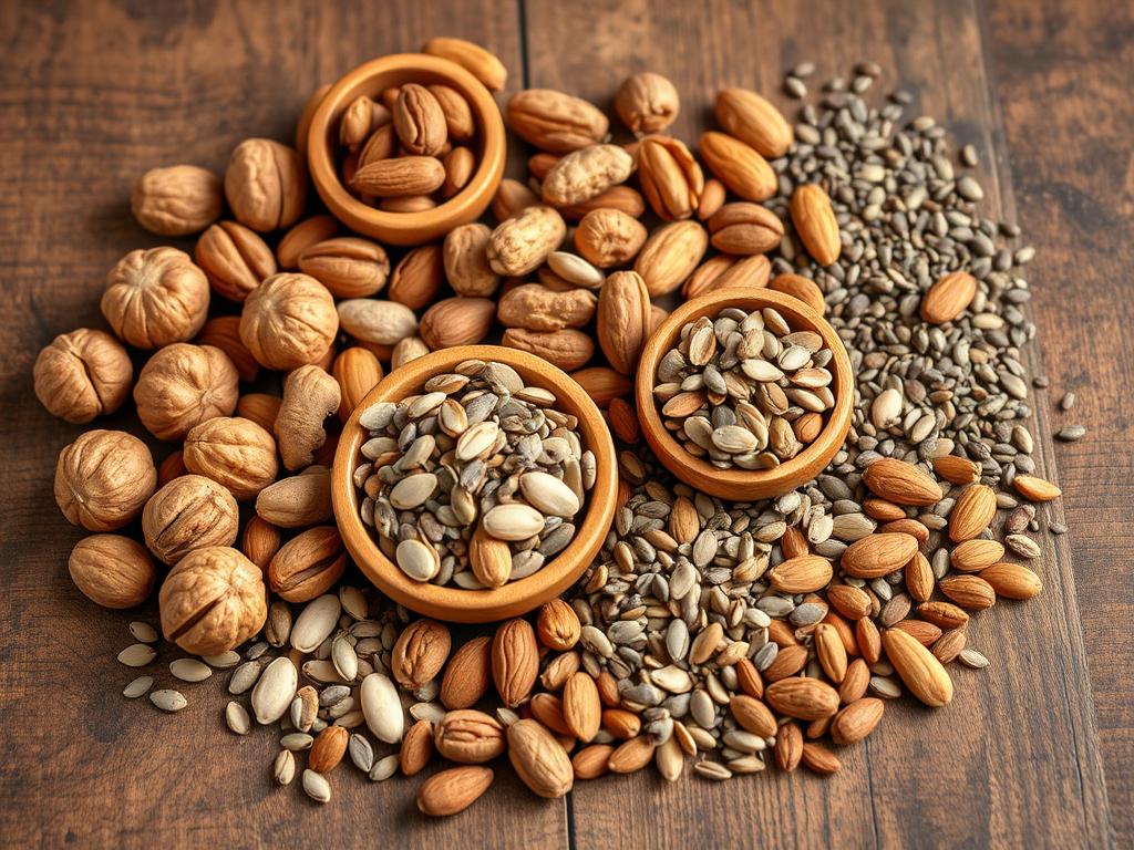 Assortment of nuts and seeds including walnuts, almonds, and flaxseeds for younger-looking skin