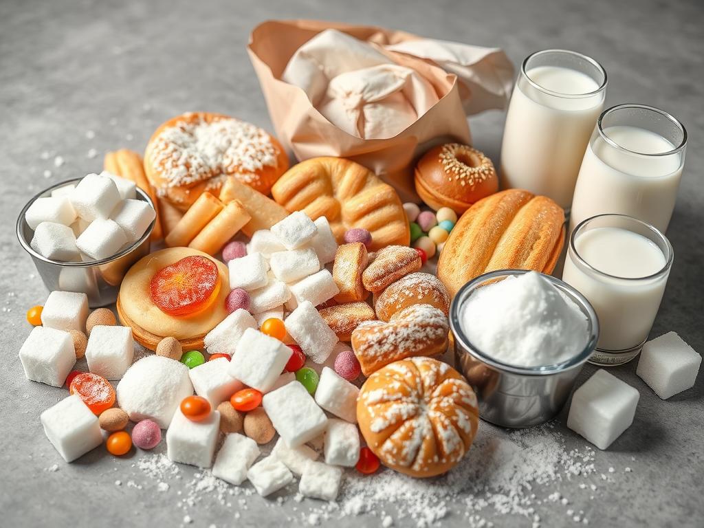 Assortment of sugary foods and refined carbohydrates that can accelerate skin aging