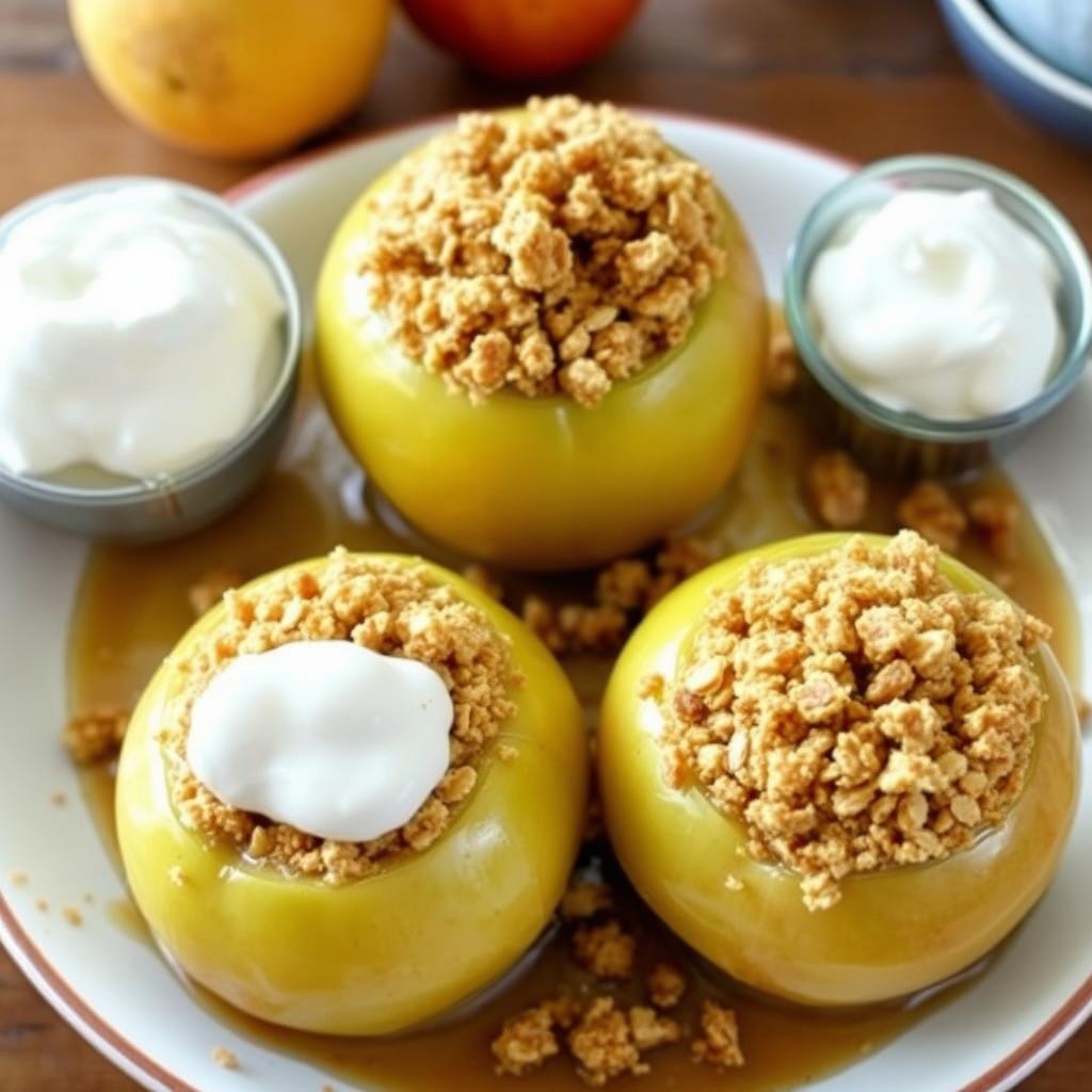 Baked apples with cinnamon oat topping for healthy entertaining dessert
