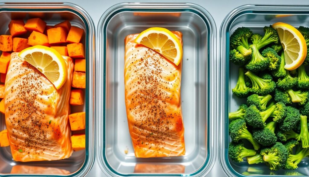Baked salmon fillet with roasted sweet potatoes and broccoli in meal prep containers