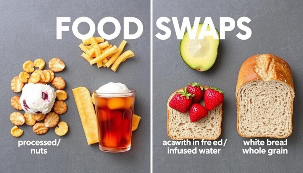 Before and after images of healthy food swaps for 30 days of clean eating
