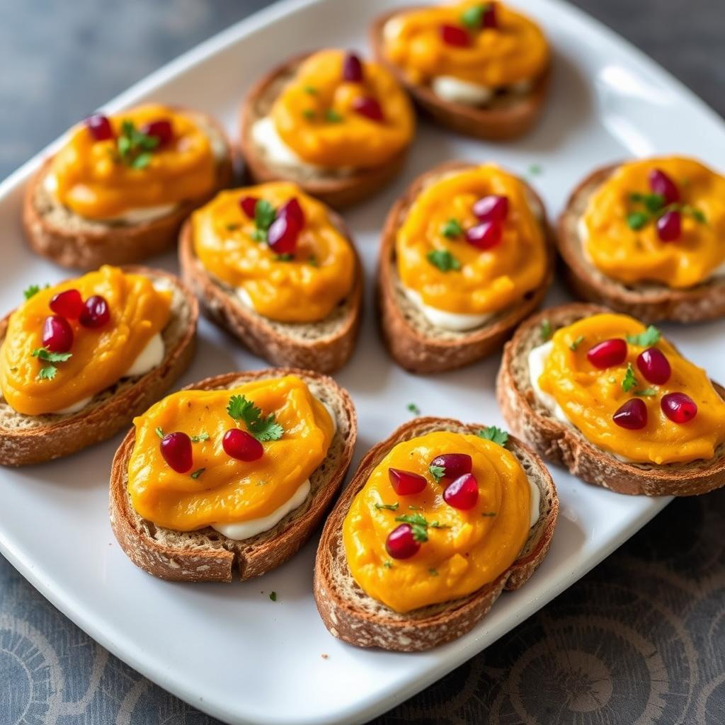 Butternut squash crostini with herbs on a serving platter for healthy entertaining